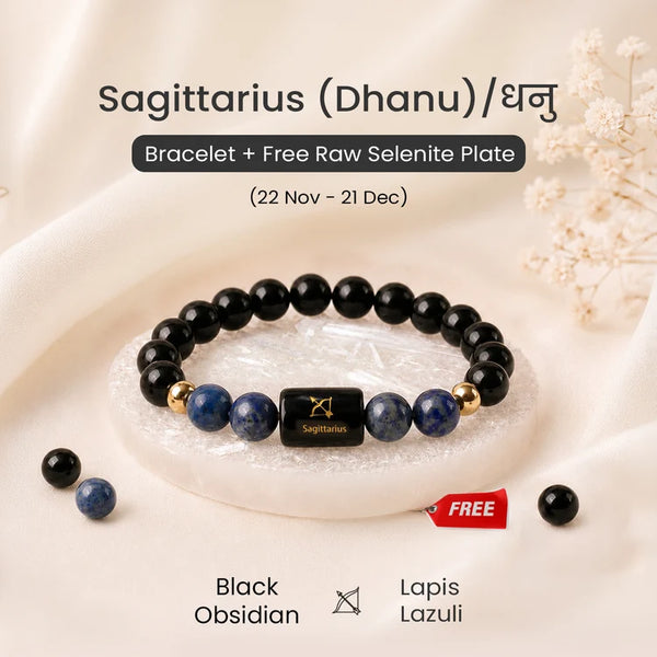 Sagittarius (धनु) Zodiac Bracelet with FREE Raw Selenite Plate