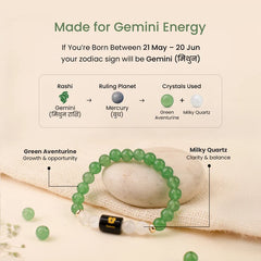 Gemini (मिथुन राशि) Zodiac Green Aventurine & Milky Quartz Bracelet ( FREE SELENITE PLATE)