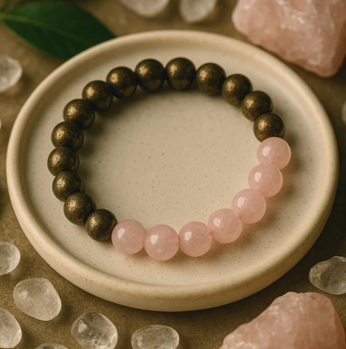 Combined Rose Quartz and Pyrite  bracelet  for - Money Magnet, Attract Love, Relationship, Prosperity