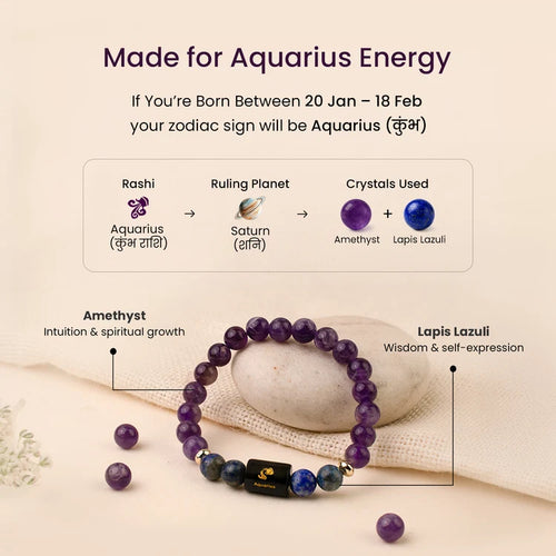 Aquarius (कुंभ) Zodiac Bracelet with FREE Raw Selenite Plate