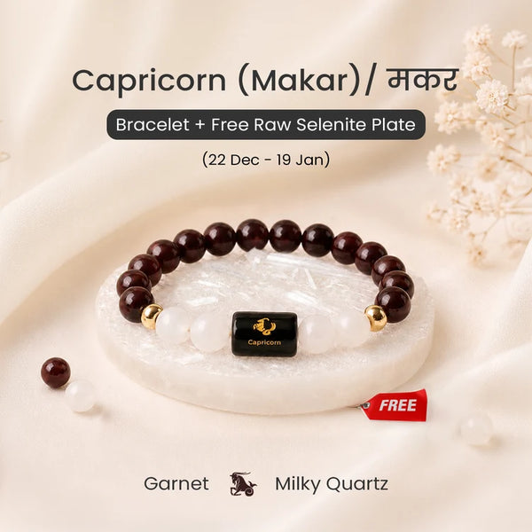Capricorn (मकर) Zodiac Bracelet with FREE Raw Selenite Plate