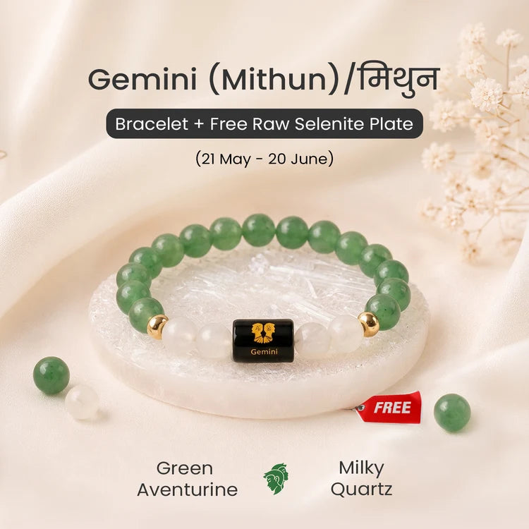 Gemini (मिथुन राशि) Zodiac Green Aventurine & Milky Quartz Bracelet ( FREE SELENITE PLATE)