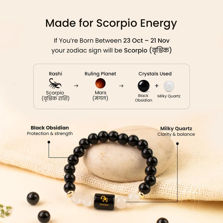 Scorpio (वृश्चिक) Zodiac Bracelet with FREE Raw Selenite Plate